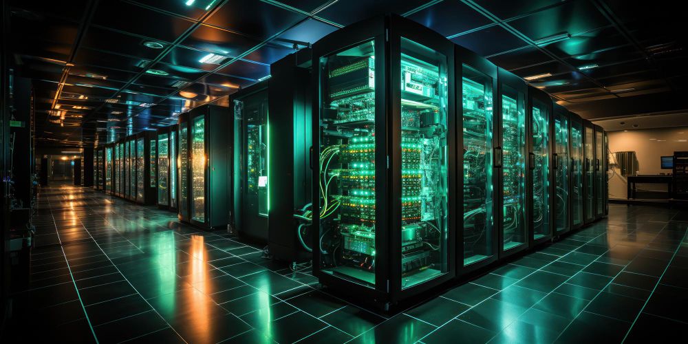 Server room with illuminated racks